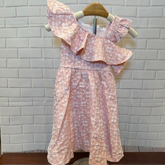 Girls Size 110 US 4-5Y Pink Floral Asymmetrical Aline Dress Easter Bridal Church - Picture 3 of 6